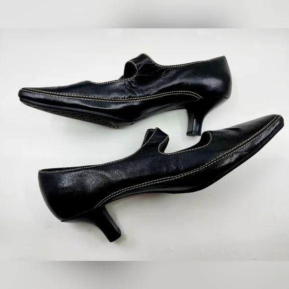 AEROSOLES Black Leather Mary Jane Buckle Heels Size 8 Topstitcing - Picture 4 of 9
